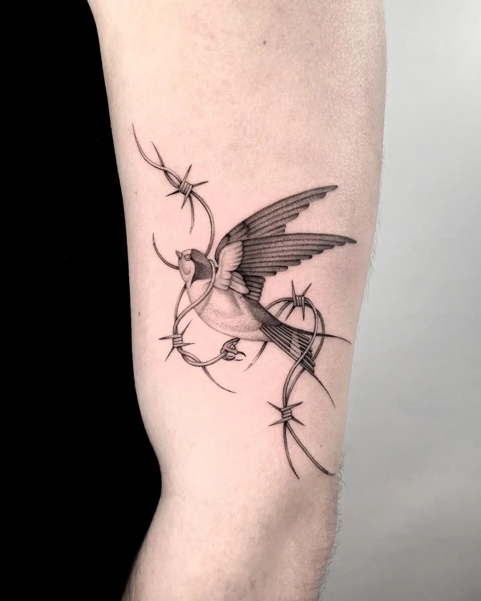 Graceful sparrow tattoo with barbed wire