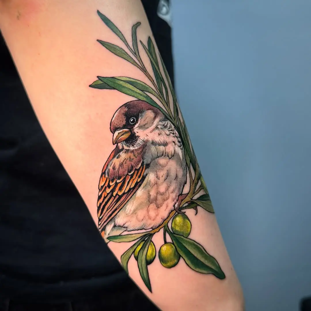 Charming Sparrow Tattoo Surrounded by Leaves