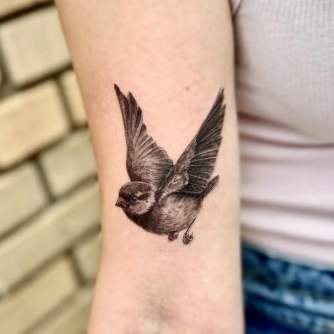 Elegant flying sparrow tattoo in black and gray