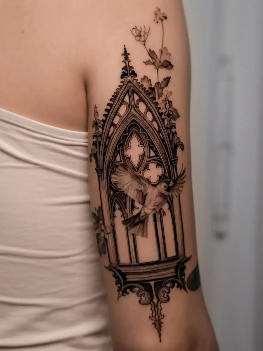 Elegant gothic sparrow tattoo with floral accents