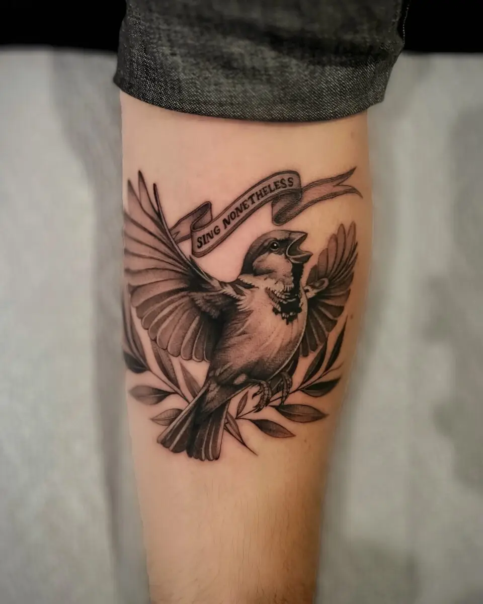Elegant sparrow tattoo with a powerful message