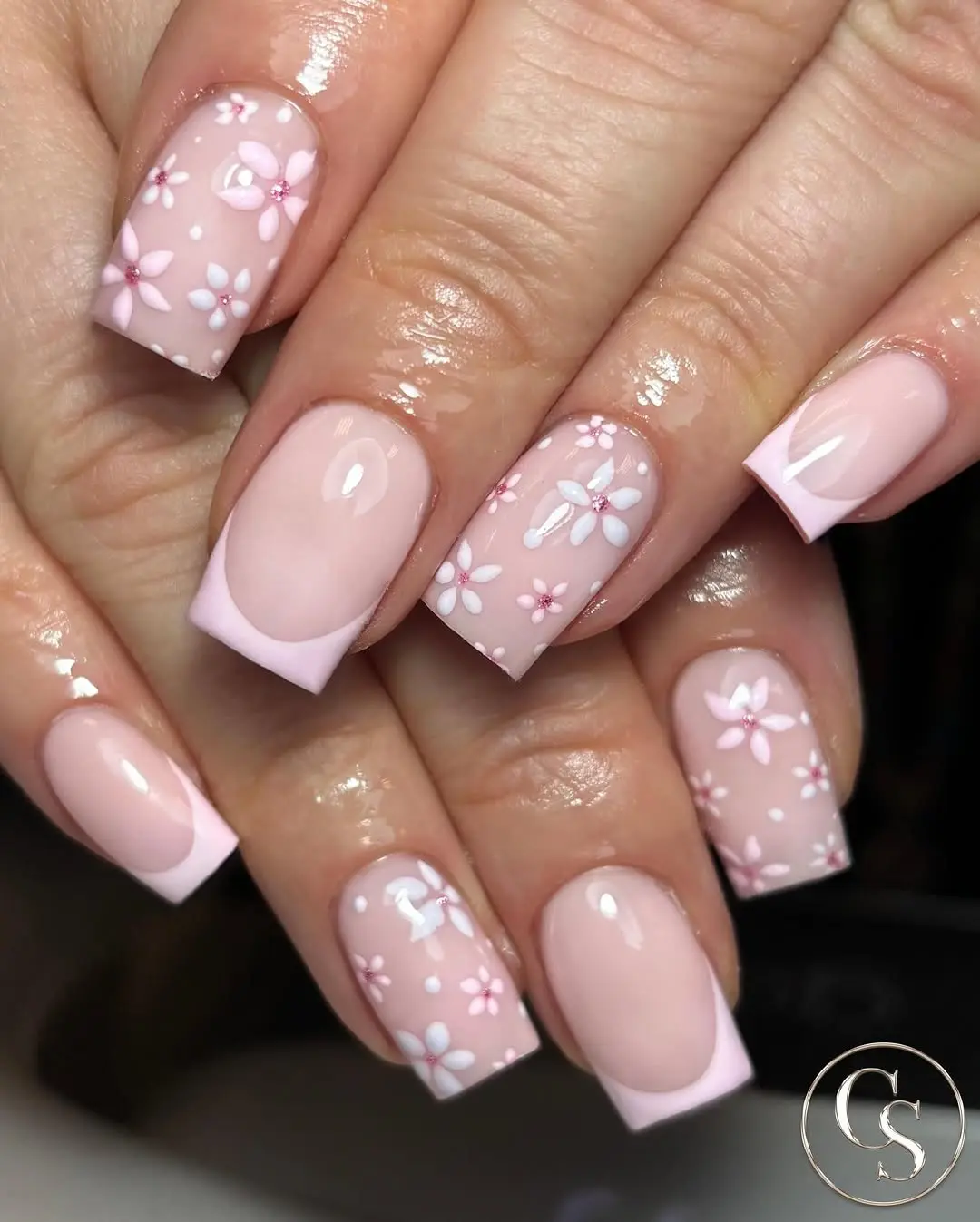 Charming spring square nails with floral accents