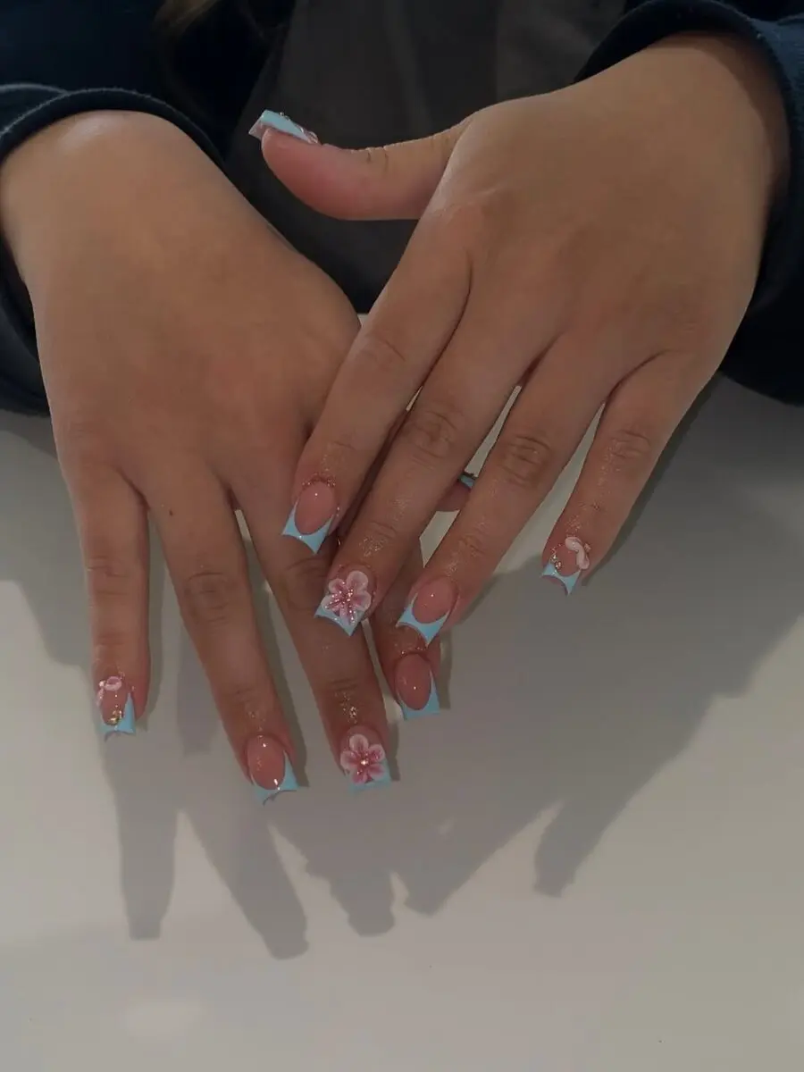 Chic spring square nails with floral accents
