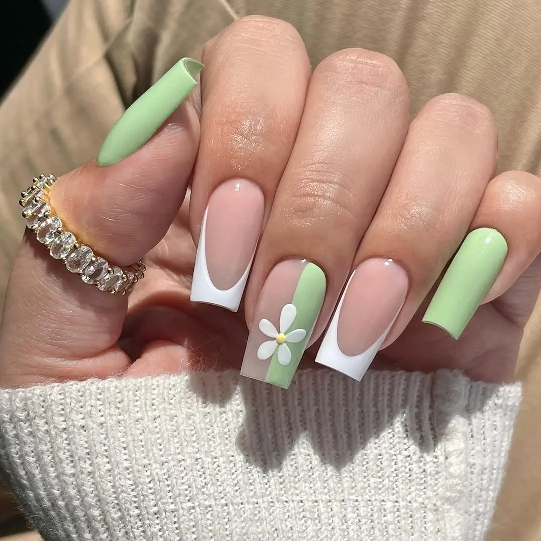 Chic Green Spring Square Nails with Floral Touch