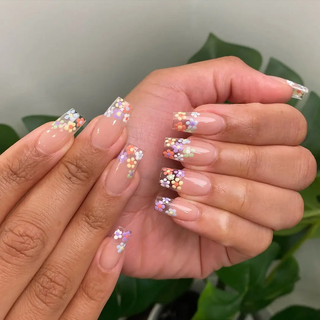 Vibrant Spring Square Nails with Floral Accents