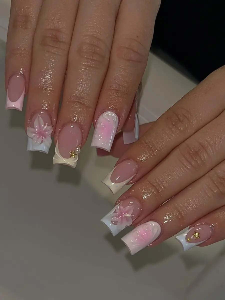 Elegant spring square nails with floral designs