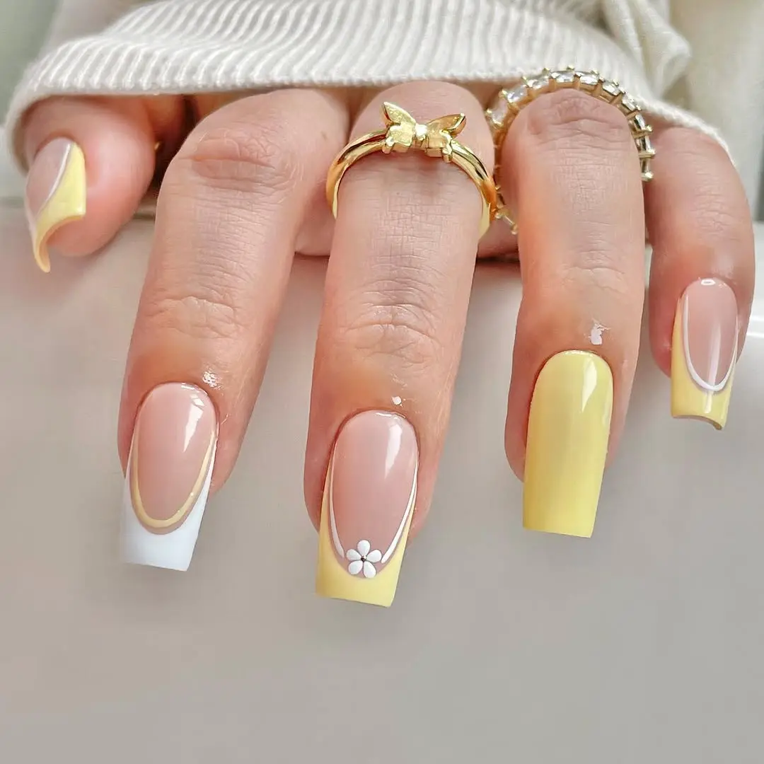 Charming yellow and nude spring square nails