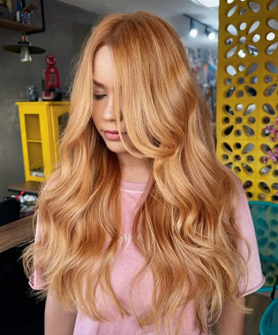 Elegant long waves for strawberry blonde hair