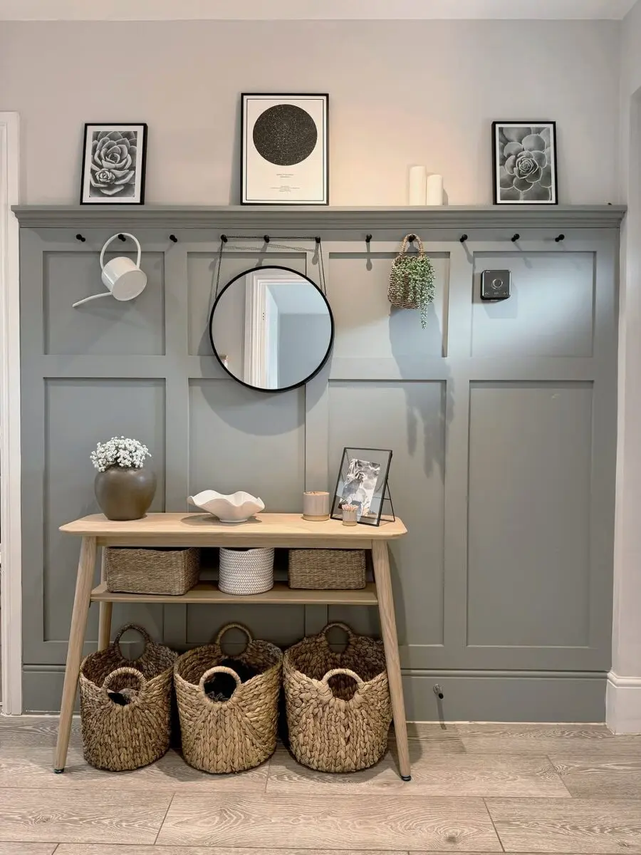 Chic Gray Hallway with Functional Decor