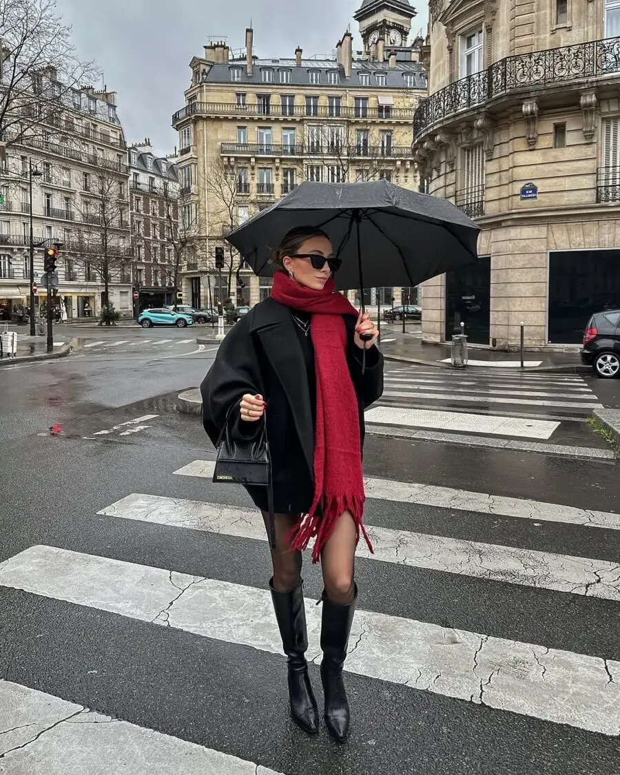 Chic rainy day look with bold colors