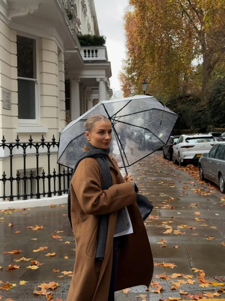 Chic rainy day outfit with stylish umbrella