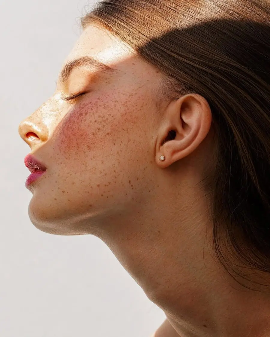 Radiant summer look with natural freckles