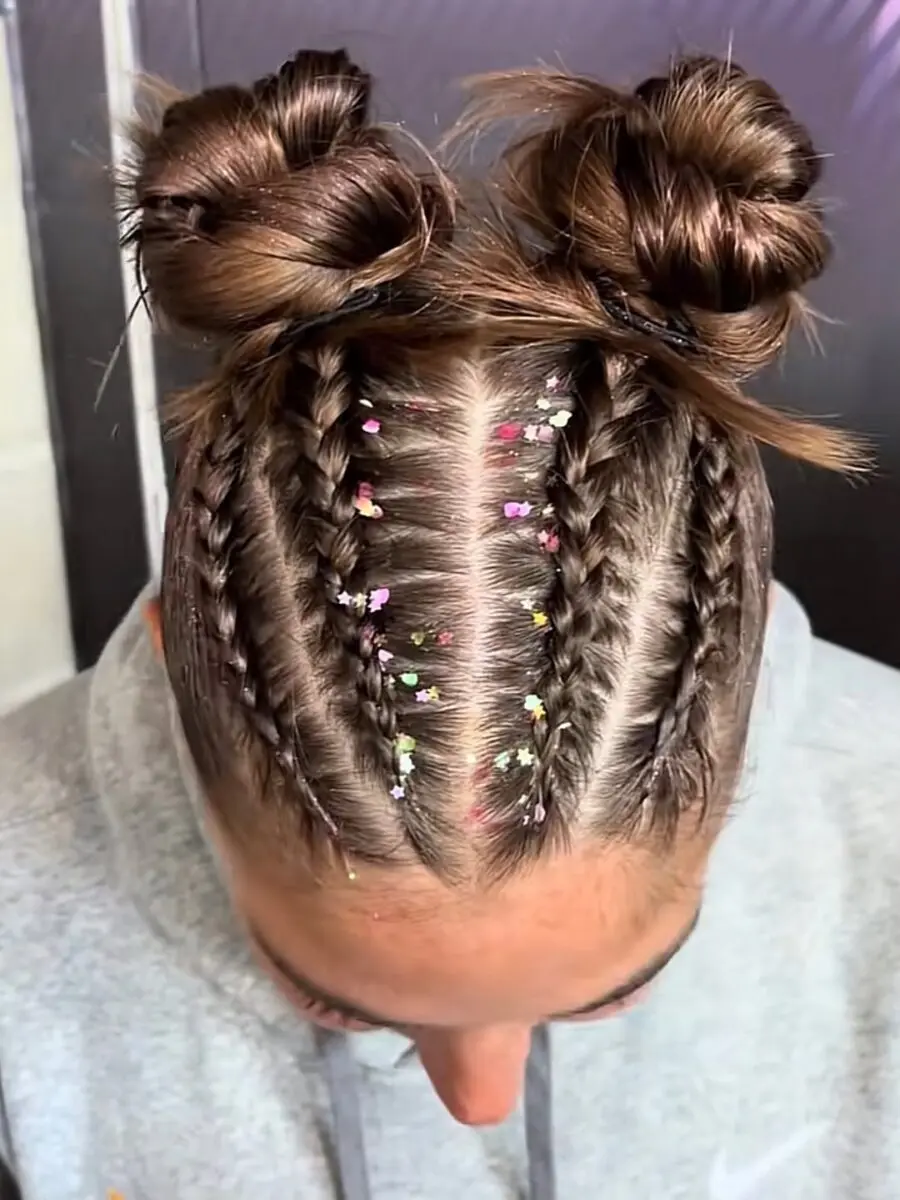 Playful Braided Buns with Colorful Accents