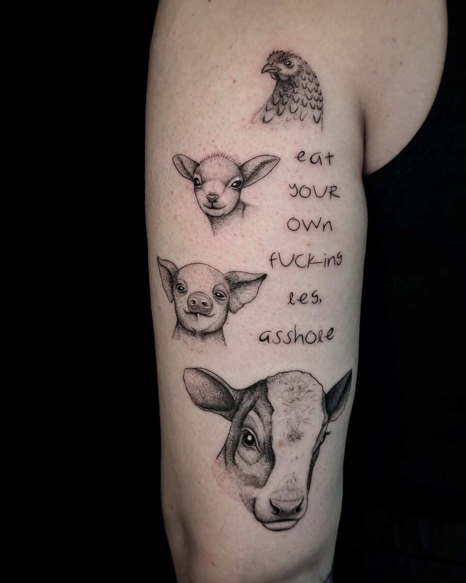 Bold vegan message through striking animal tattoos