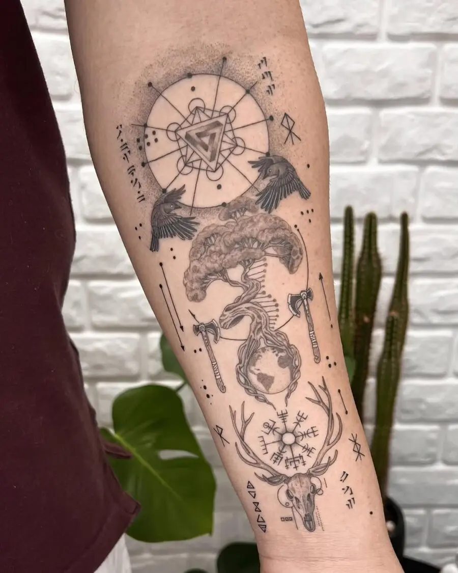 Intricate Vegvisir Tattoo with Nature Elements