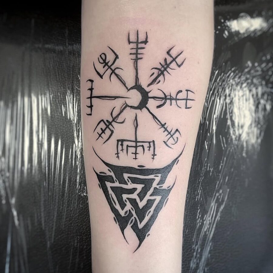 Intricate vegvisir tattoo with bold black lines