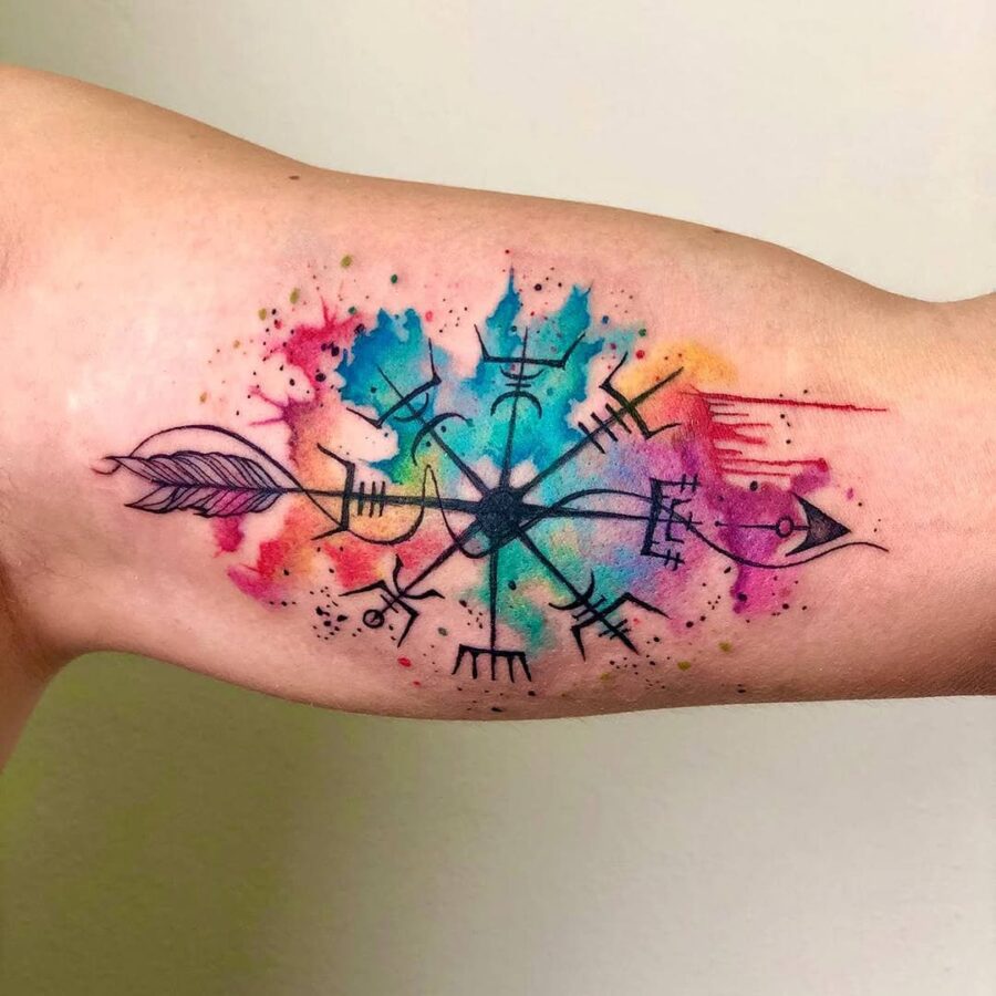 Vibrant Vegvisir Tattoo with Watercolor Elements