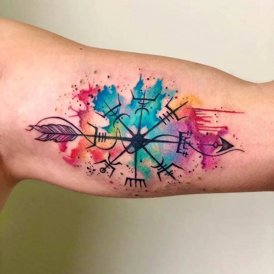 Vibrant Vegvisir Tattoo with Watercolor Elements