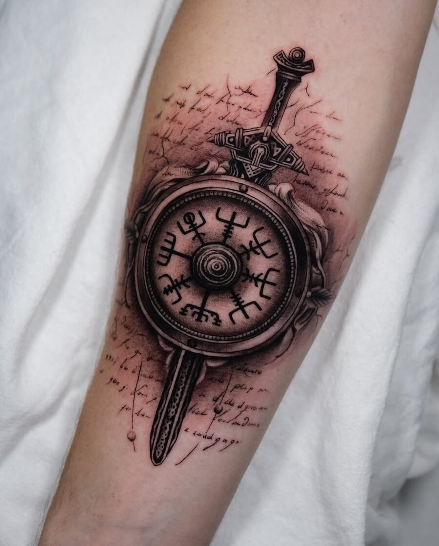 Intricate vegvisir tattoo with sword detail
