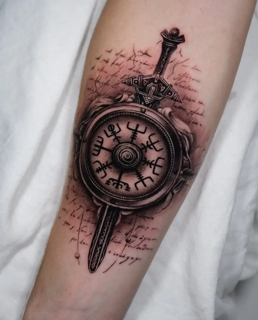 Intricate vegvisir tattoo with sword detail