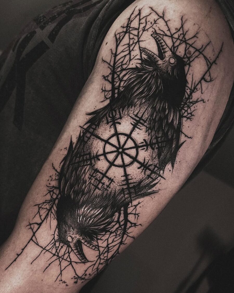 Intricate Vegvisir Tattoo Featuring Mythical Ravens