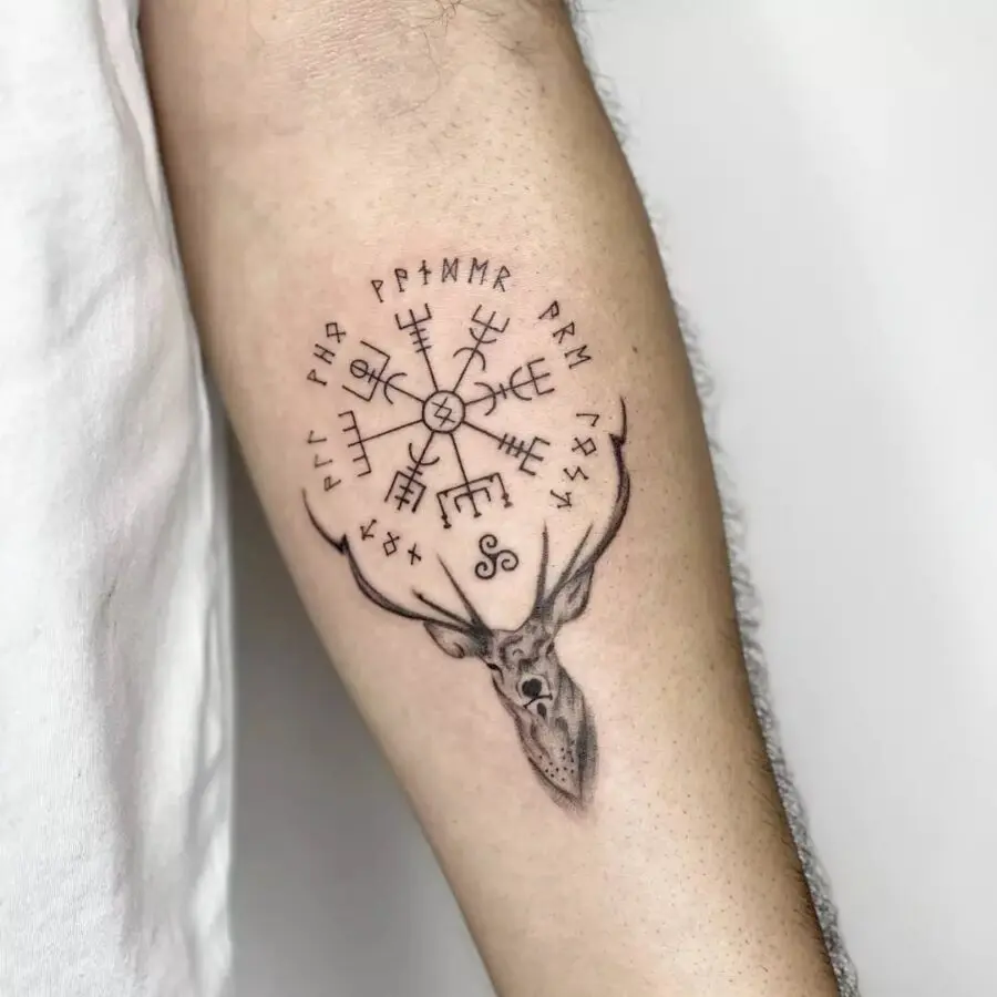 Striking Vegvisir Tattoo with Deer Skull Design