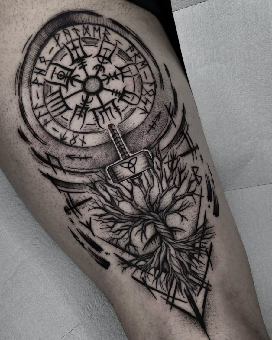 Stunning Vegvisir Tattoo with Tribal Elements