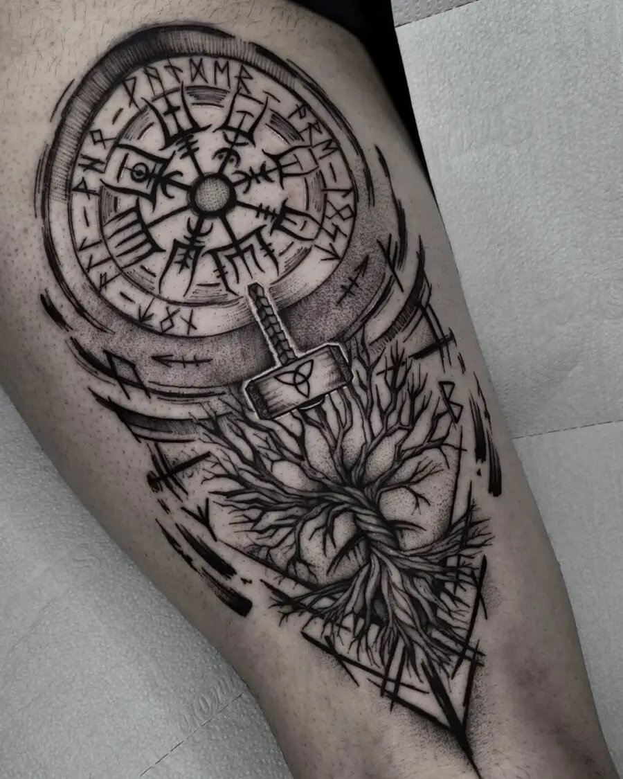 Stunning Vegvisir Tattoo with Tribal Elements