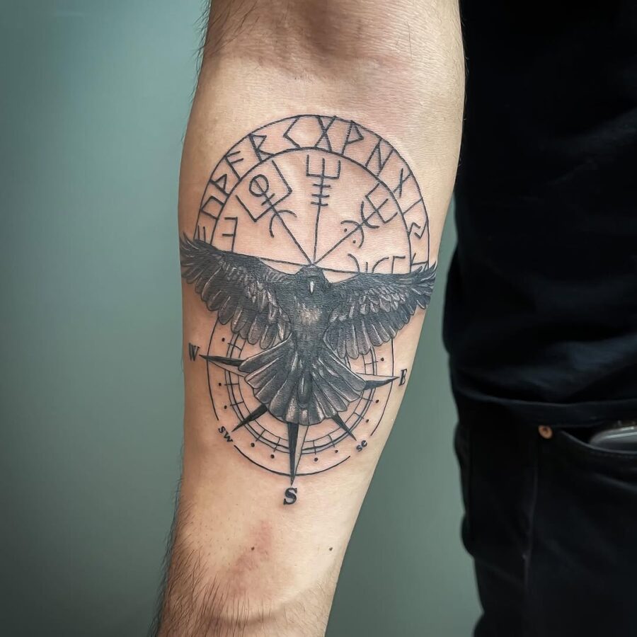 Stunning vegvisir tattoo with raven design