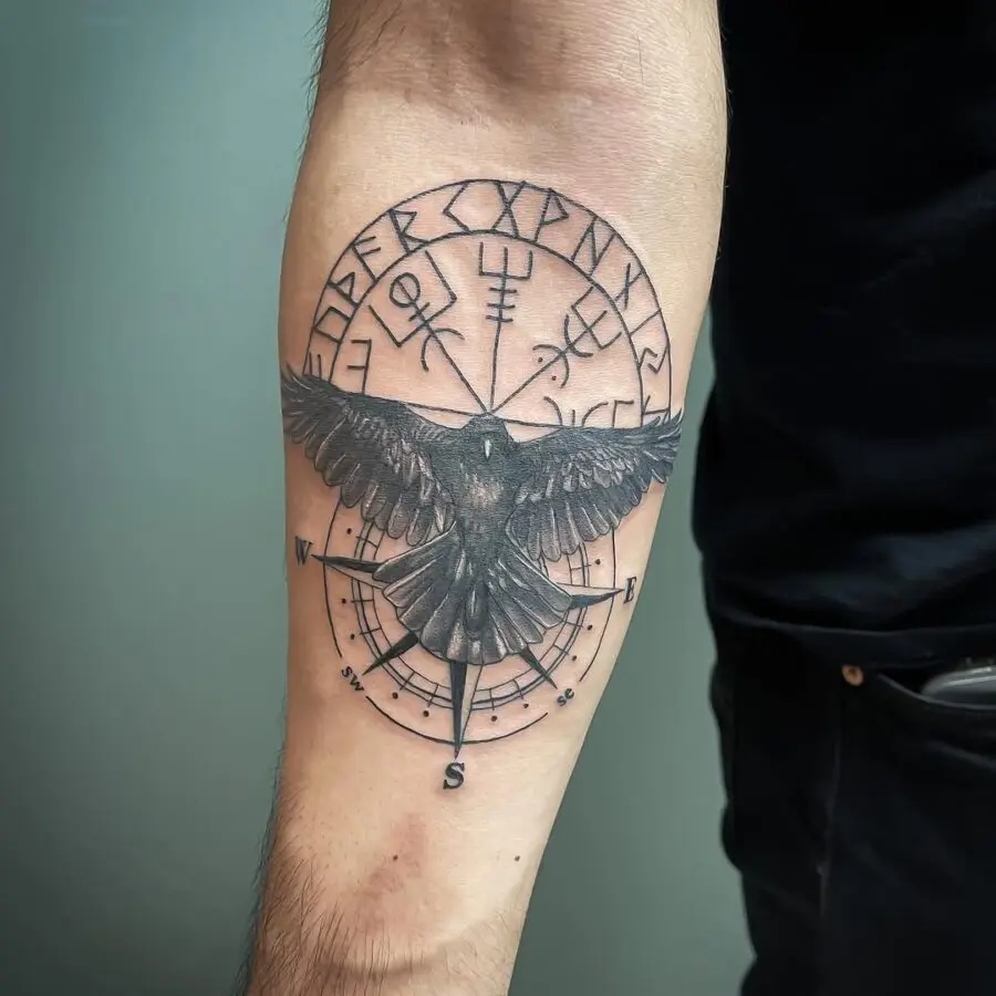 Stunning vegvisir tattoo with raven design
