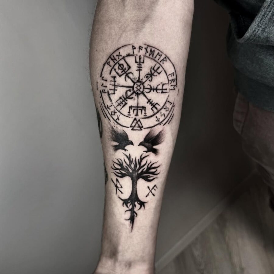 Intricate Vegvisir with Tree Motif Tattoo