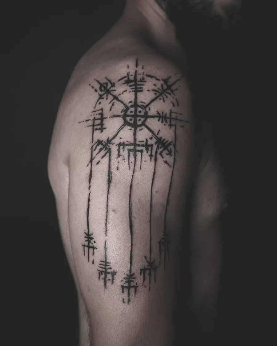 Intricate vegvisir tattoo on shoulder