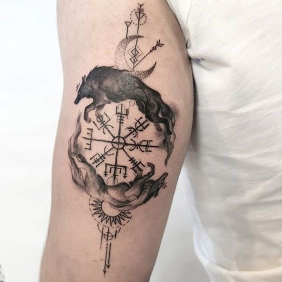 Viking-inspired Vegvisir tattoo with mystical elements