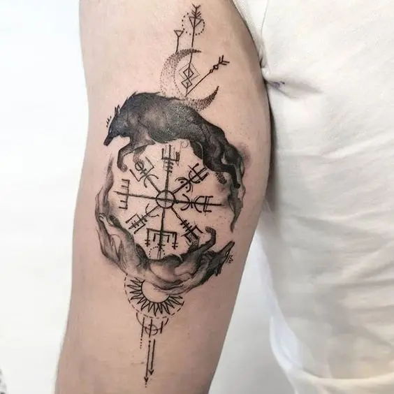 Viking-inspired Vegvisir tattoo with mystical elements
