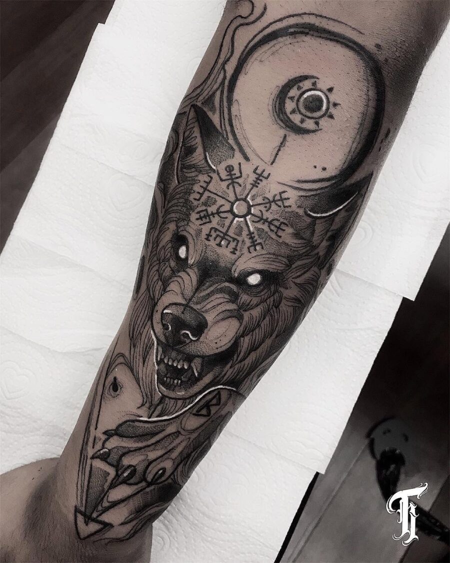 Intricate Wolf Tattoo with Vegvisir Symbol