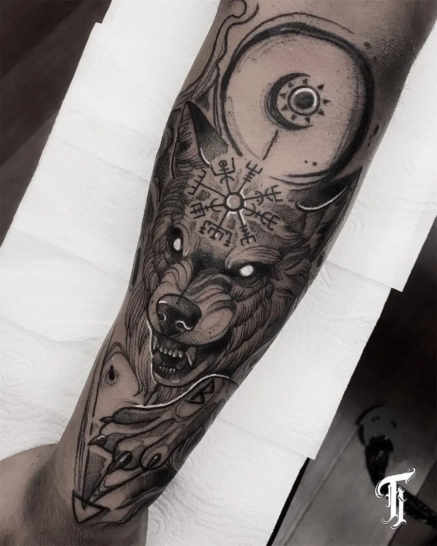 Intricate Wolf Tattoo with Vegvisir Symbol