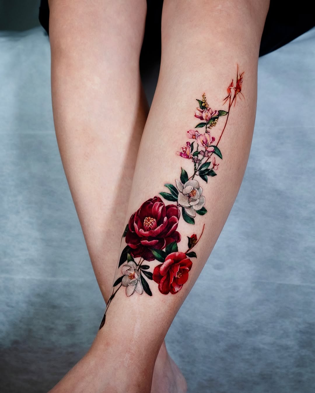 Stunning Camellia Tattoo on the Leg