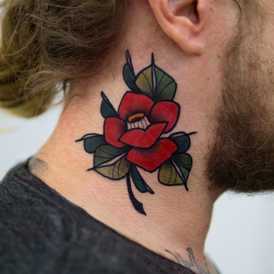 Vibrant Camellia Neck Tattoo Design