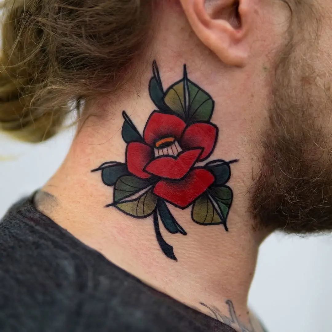 Vibrant Camellia Neck Tattoo Design