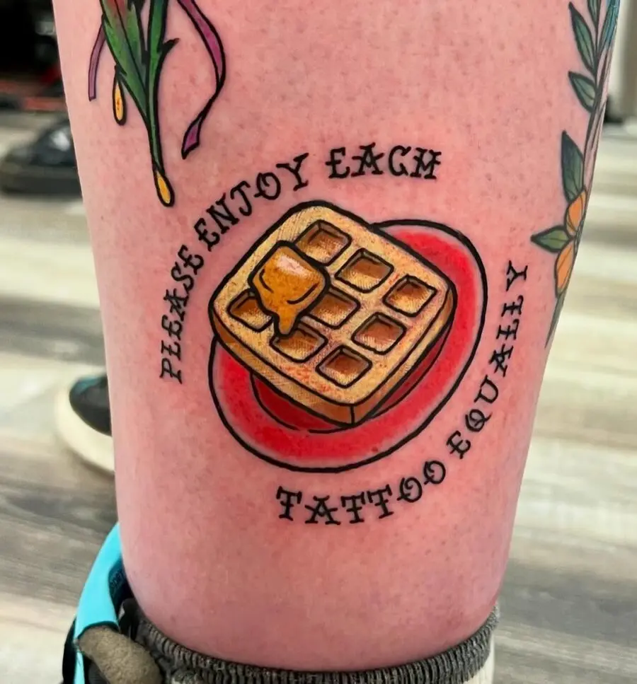 Playful waffle tattoo with a sweet message