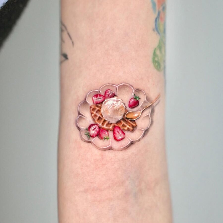 Realistic Waffle Tattoo with Strawberries and Ice Cream