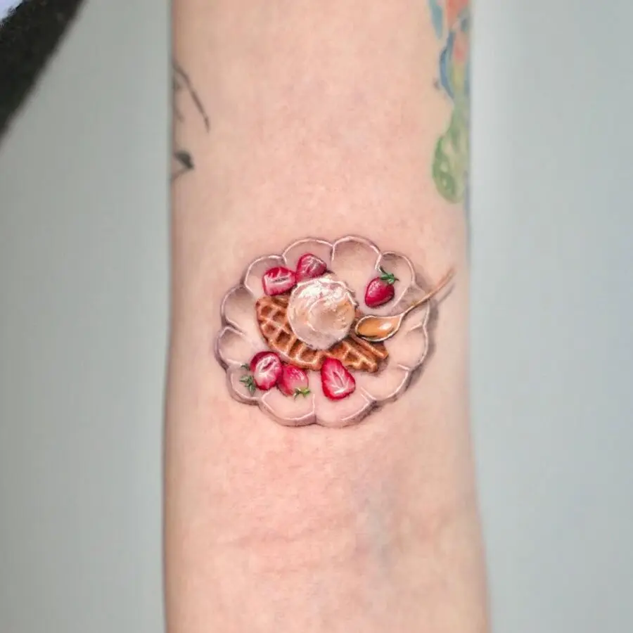 Realistic Waffle Tattoo with Strawberries and Ice Cream