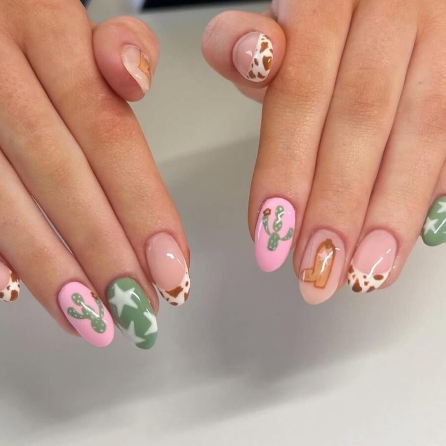 Stylish cactus and western-themed nail art