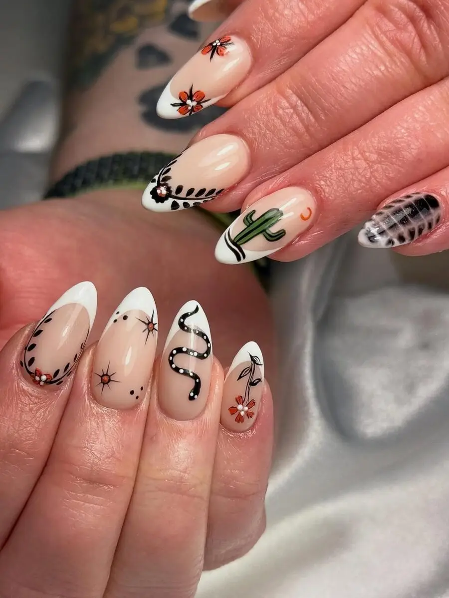 Artistic Western Nails with Floral and Cactus Details