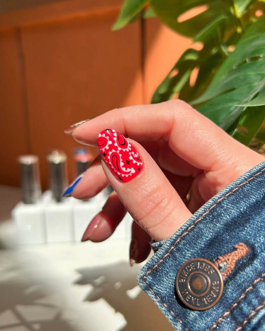 Vibrant Red Bandana Western Nail Art