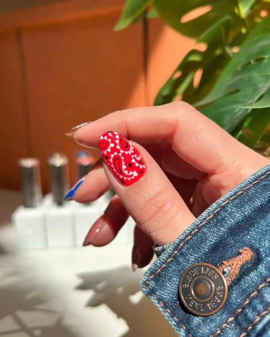 Vibrant Red Bandana Western Nail Art