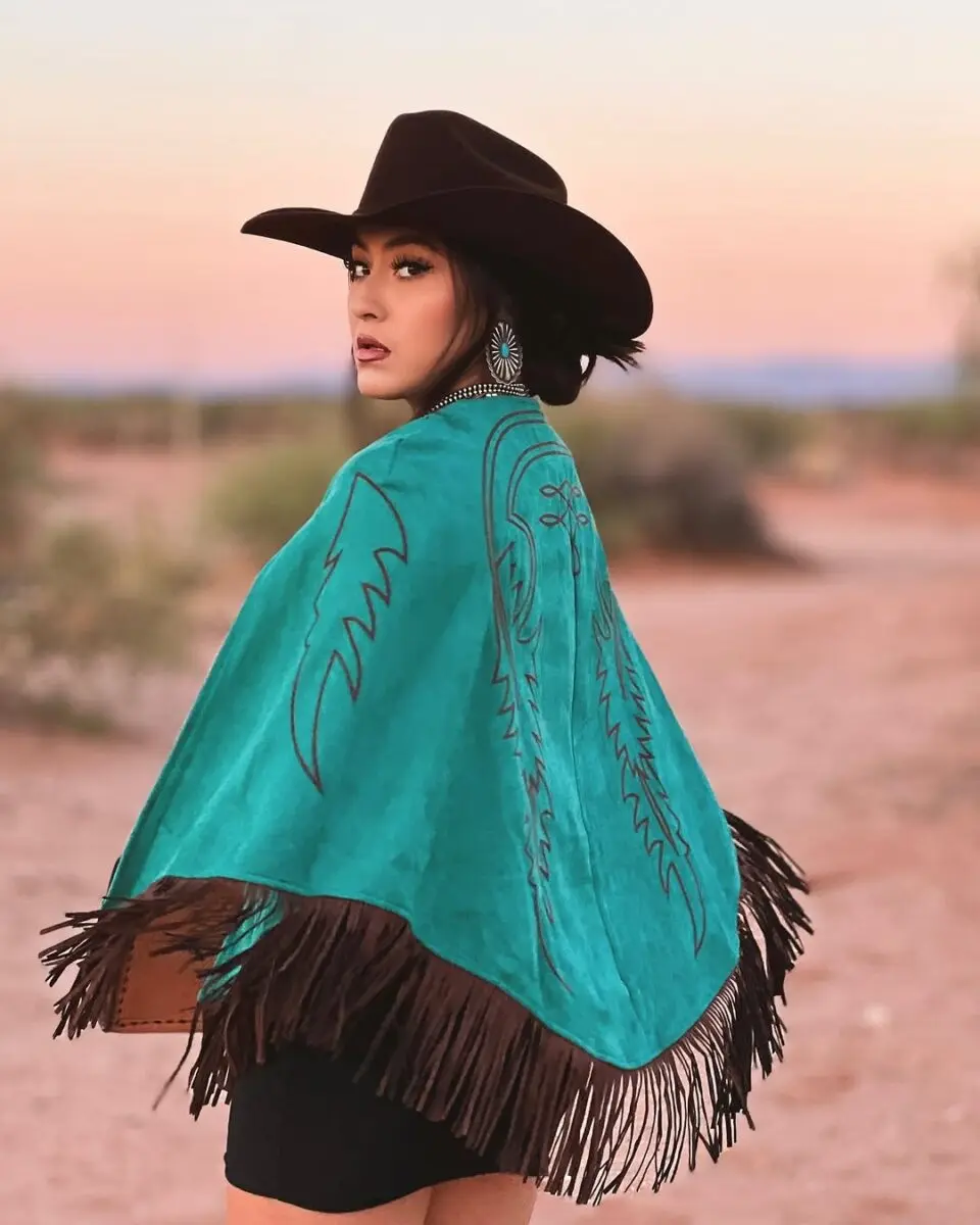 Stylish western ensemble with vibrant poncho