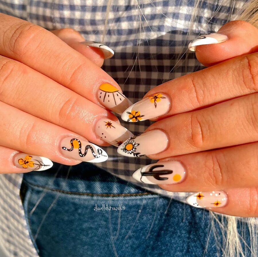 Chic Western-Inspired Floral Nail Art Design