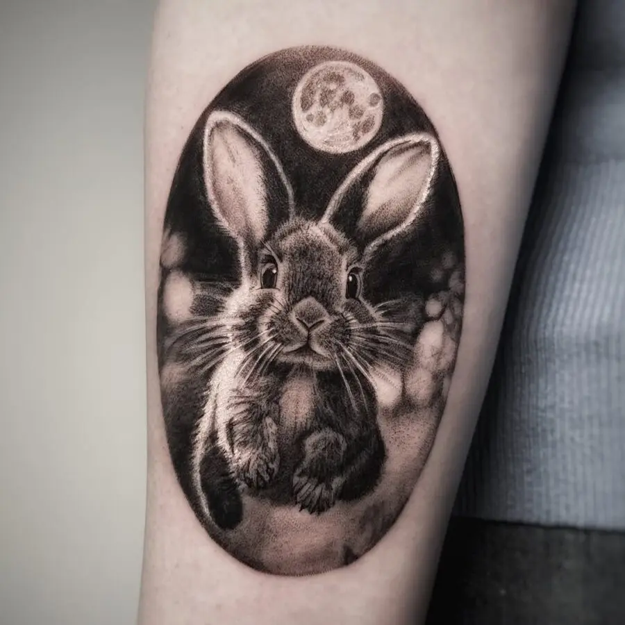 Charming Rabbit Tattoo in Moonlit Atmosphere