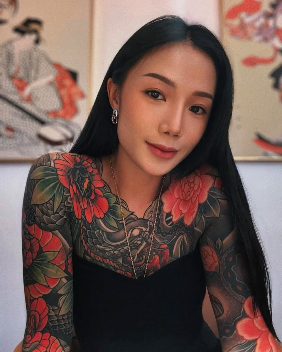 Intricate floral yakuza tattoo art on display